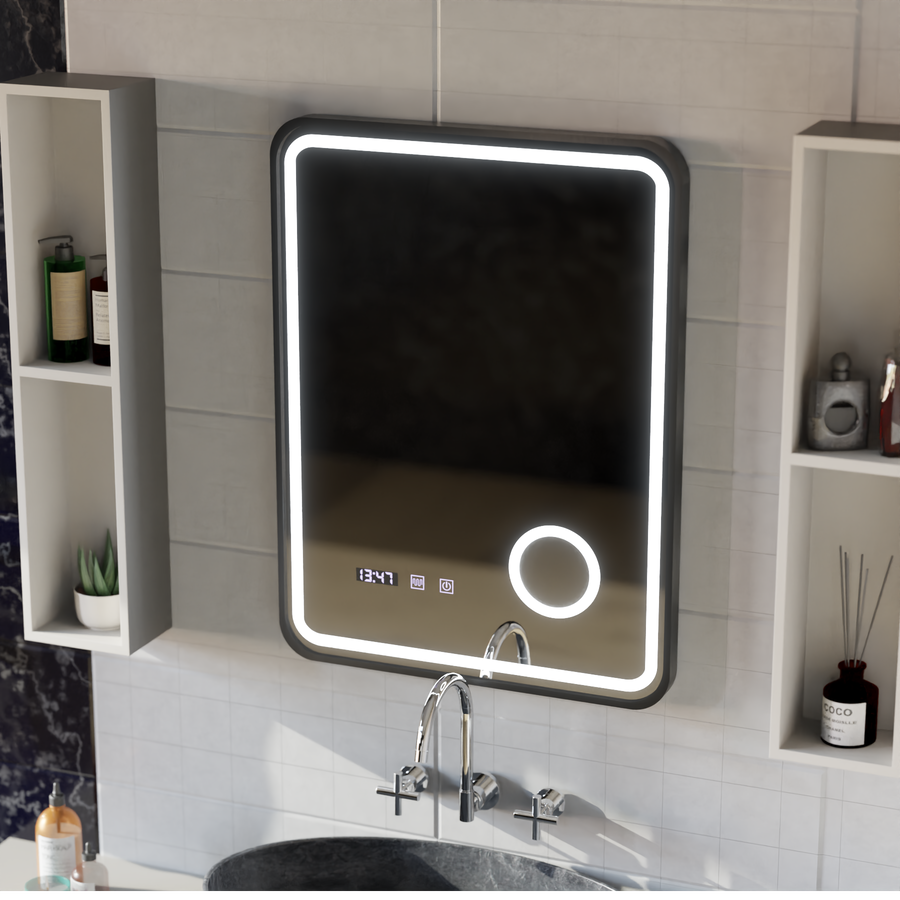 Mirror LED Touch Ulrich Debulation System, óra és hőmérséklet 60x80 cm Fekete Ramahed Cosmetics Lup