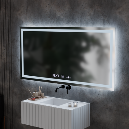 Téglalap alakú LED -tükör, 120x60 cm, Verite MotionGlow Marcello, leolvasztási rendszer, óra és hőmérő, dimálható