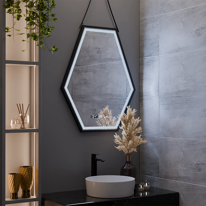 Négyszögletű LED tükör, 55x70 cm, Marcello MotionGlow érzékelő, páramentesítő rendszer, óra és hőmérő, szabályozható