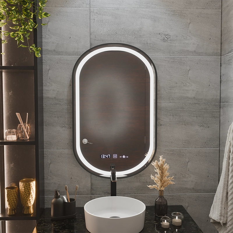 Mirror LED Touch Helmut páramentesítő rendszer, óra és hőmérséklet 50x90 cm fekete keret szálcsiszolt Marcello Funghi