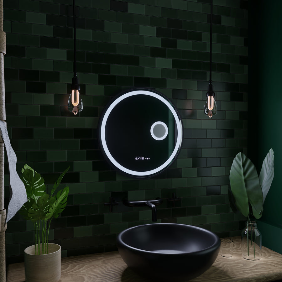 Kerek LED -tükör, 60 cm, Micah Motionglow érzékelő Marcello, leolvasztási rendszer, óra és hőmérő, kozmetikai lupa, dimálható