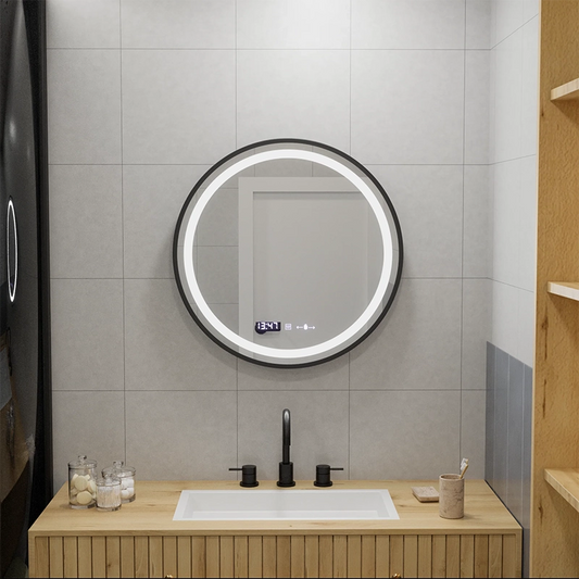 Kerek LED -tükör, 60 cm, Celeste Majesté Noir Motionglow Marcello, leolvasztási rendszer, óra és hőmérő, dimálható