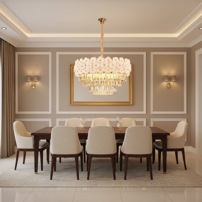 Candelabru Cristal PETAL Magno 13xE14, D60 cm, Auriu, Inaltime Reglabila, Metal si Cristal