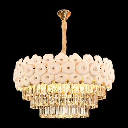 Candelabru Cristal PETAL Magno 13xE14, D60 cm, Auriu, Inaltime Reglabila, Metal si Cristal
