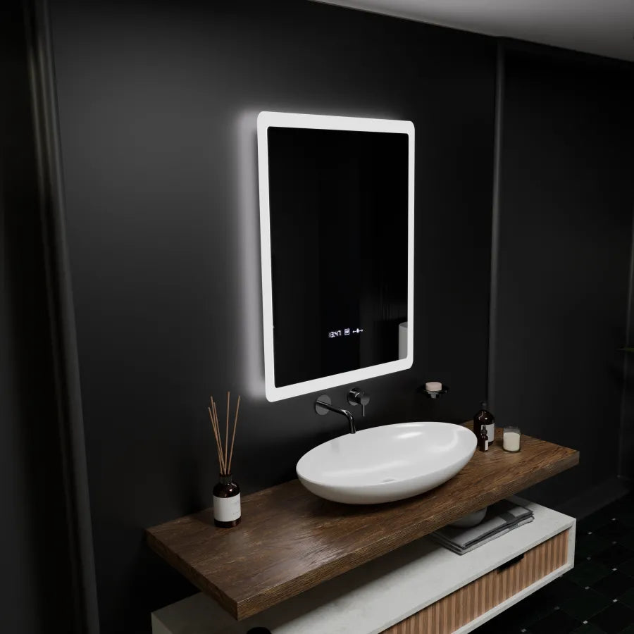 Téglalap alakú LED -tükör, 60x80cm, pugliesi mozgásglow marcello érzékelő, eltorzító rendszer, óra és hőmérő, daimable