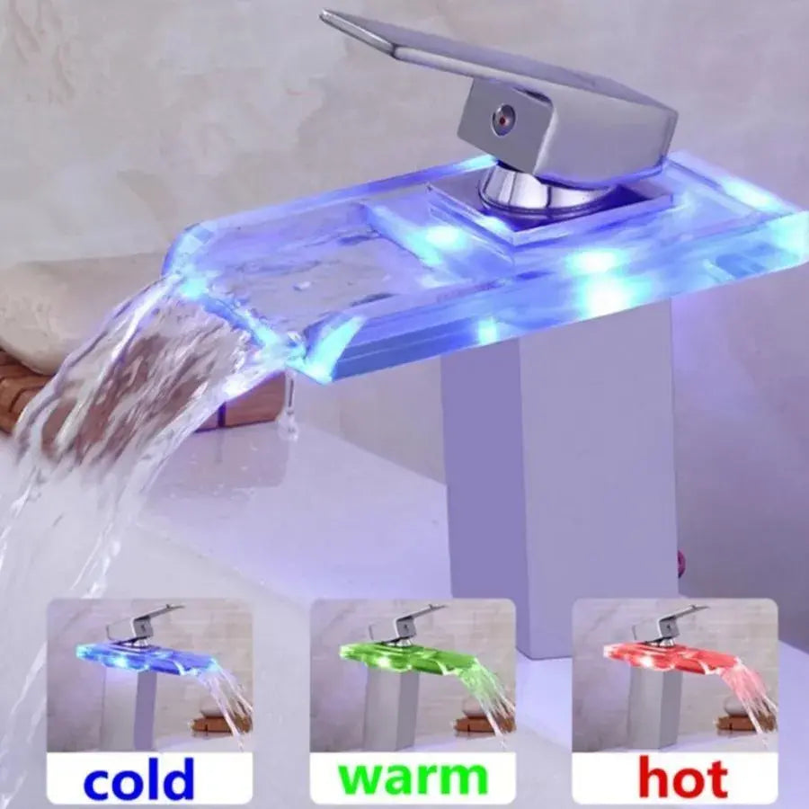 Akkumulátormosó, ötvözet és üveg, króm, rgb fény, színváltozás a víz hőmérsékletétől függően, OD3008