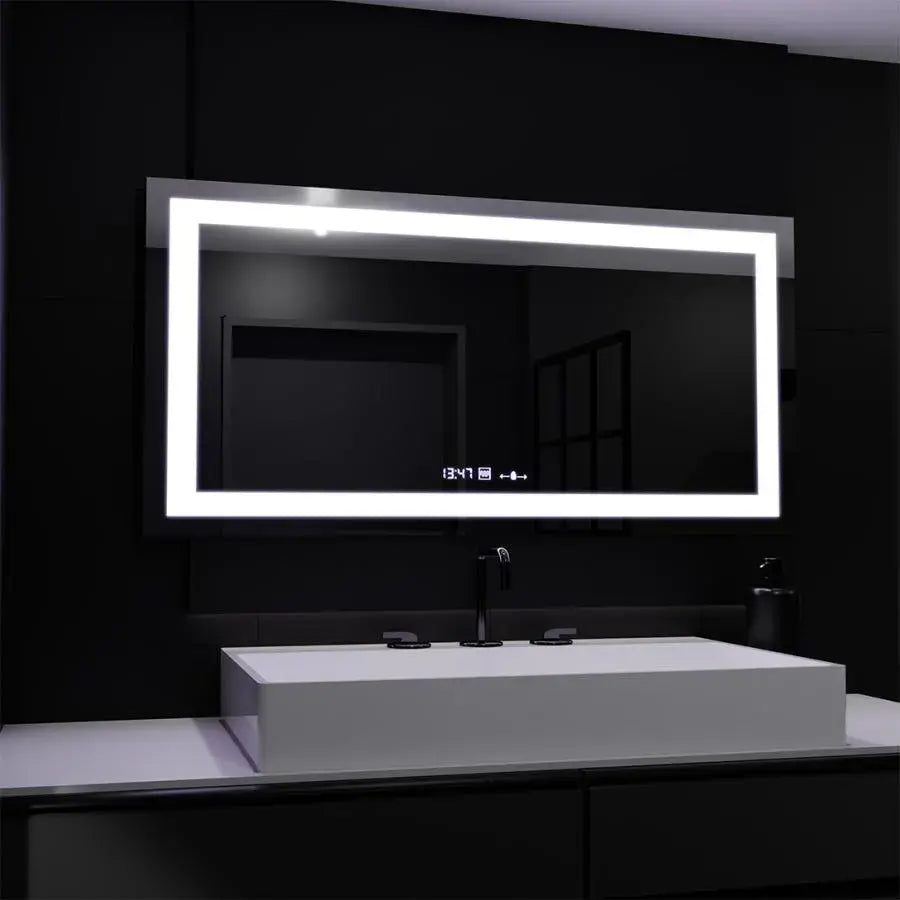 Téglalap alakú LED -tükör, 160x80cm, Motionglow Marcello, de -de -clock, óra és hőmérő