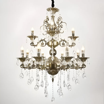 Candelabru Sansoiu Royal 12xe14 fém és kristály állítható magasságú sárgaréz