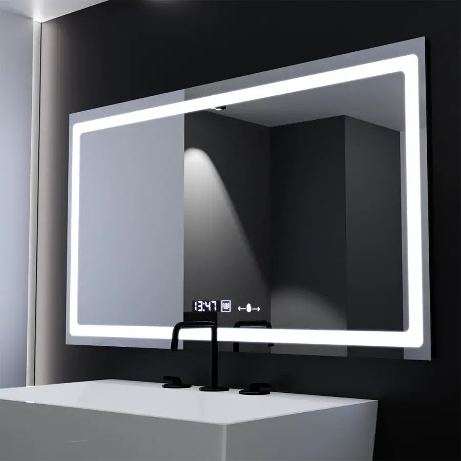Téglalap alakú LED -tükör, 120x70 cm, sugárzó mozgásgátló marcello érzékelő, eltorzító rendszer, óra és hőmérő, daimable