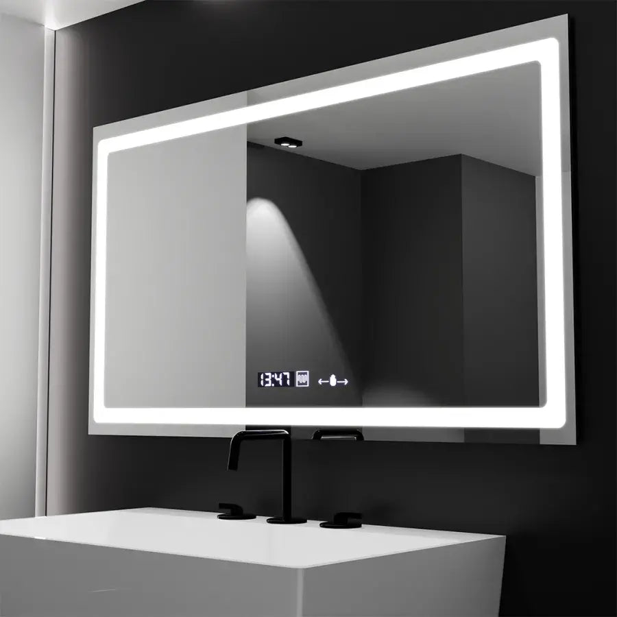 Téglalap alakú LED -tükör, 120x70 cm, sugárzó mozgásgátló marcello érzékelő, eltorzító rendszer, óra és hőmérő, daimable