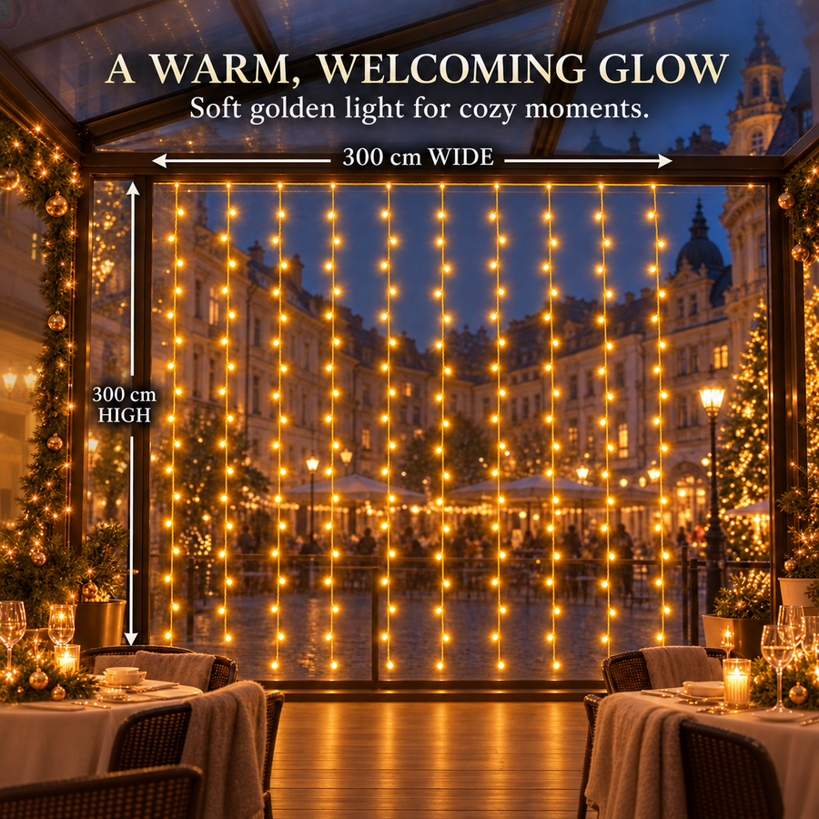 LED fényfüggöny karácsonyi installáció, meleg fény, 300 x 300cm, 300 LED