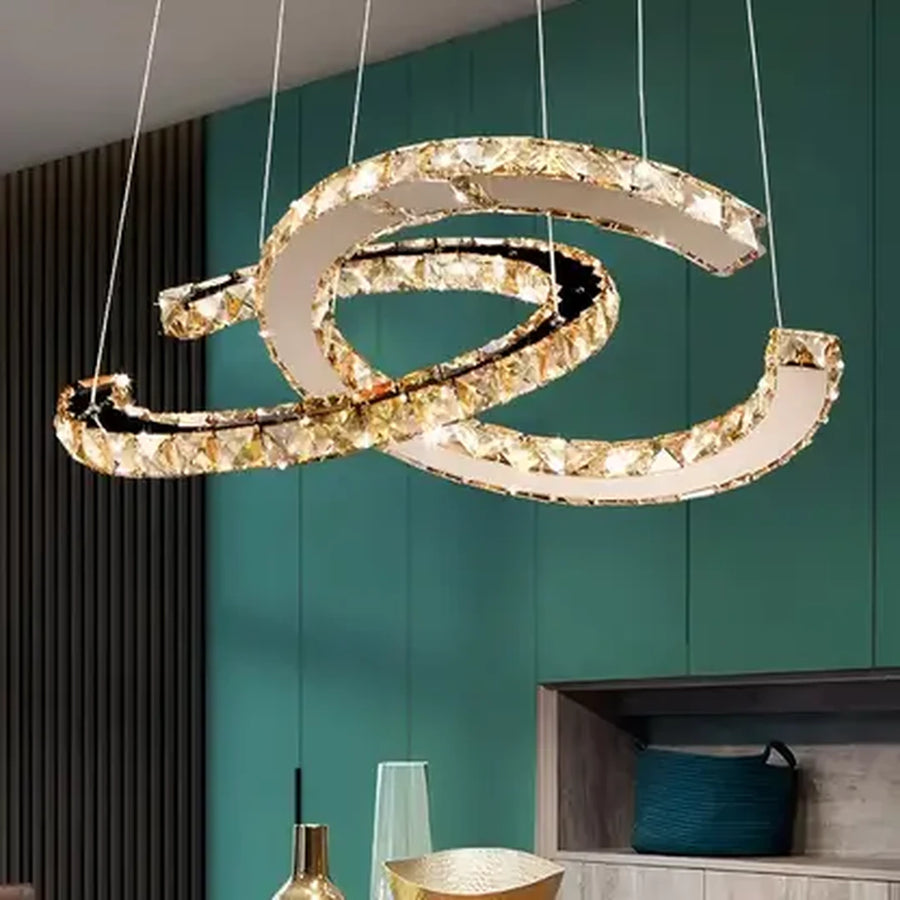 LED -csillár, amelyet távirányítóval és kristályprizmával felfüggesztettek, antitea 40W, 2 kör, hideg/forró/semleges fény, instabil, fényes króm, állítható magasság