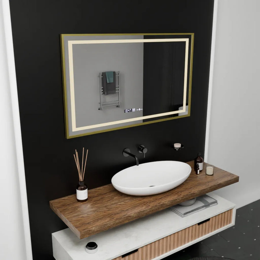 Téglalap alakú LED -tükör, 100x80 cm, Royale Gold Motion Glow Marcello, Osztályrendszer, óra és hőmérő, Dimable