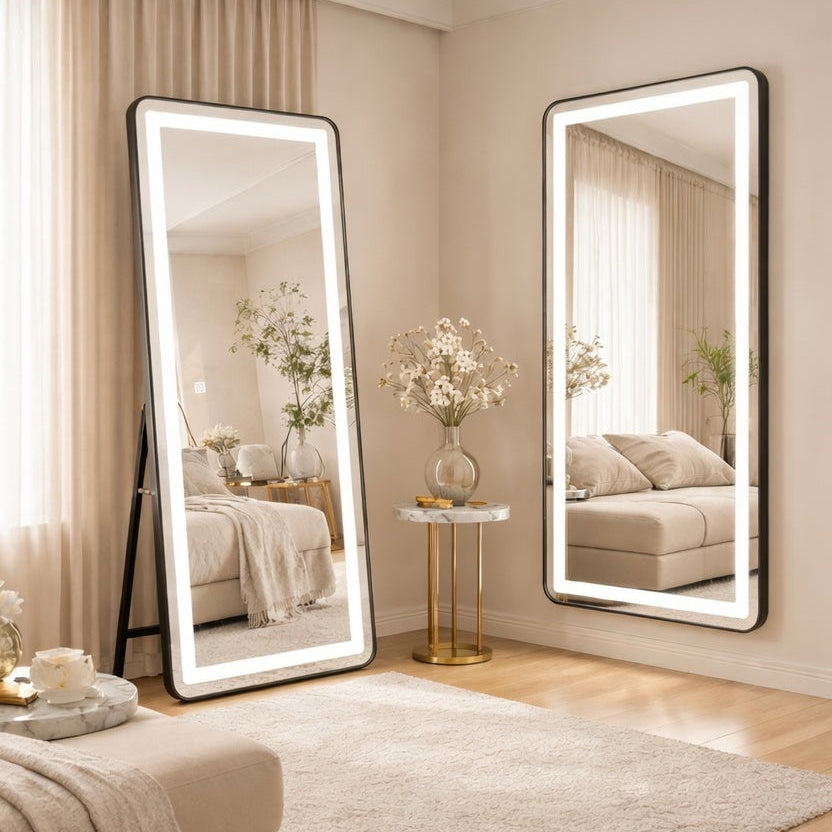 Négyszögletű LED-es tükör, fekete keret, 50x160 cm, szabályozható, hideg/meleg/semleges fény, öltözködési stílus