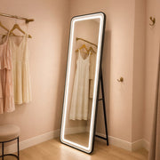 Négyszögletű LED-es tükör, fekete keret, 50x160 cm, szabályozható, hideg/meleg/semleges fény, öltözködési stílus