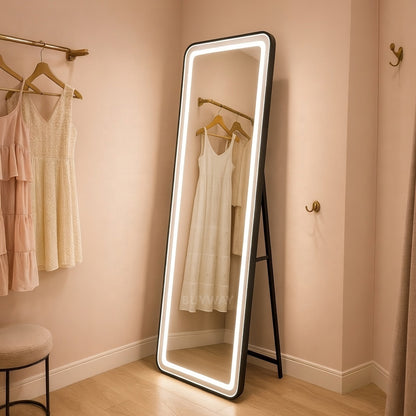 Négyszögletű LED-es tükör, fekete keret, 50x160 cm, szabályozható, hideg/meleg/semleges fény, öltözködési stílus