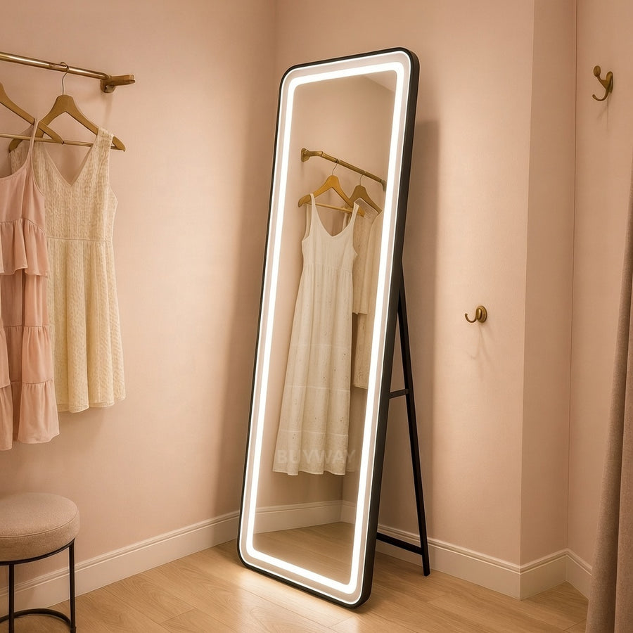 Négyszögletű LED-es tükör, fekete keret, 50x160 cm, szabályozható, hideg/meleg/semleges fény, öltözködési stílus