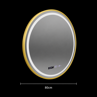 LED kerek tükör, 80 cm, Celeste Royale Gold MotionGlow Marcello, meleg/semleges/hideg fény, páramentesítő rendszer, óra és hőmérő, szabályozható