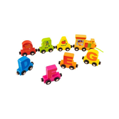 Oktatási játék típusú mágneses vonat többszínű betűkkel és állatokkal, 27 darab, fa