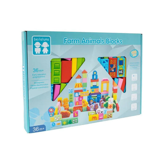 Puzzle játékkockák építőiparból, 100 darab, fa állatokkal