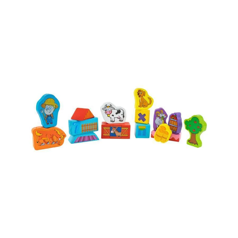 Puzzle játékkockák építőiparból, 100 darab, fa állatokkal