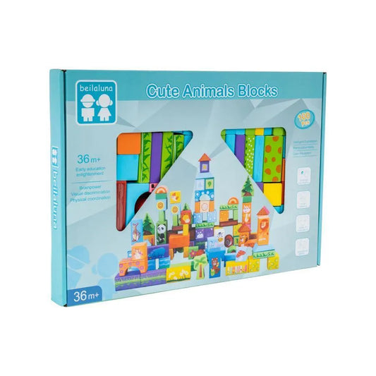 Puzzle játékkockák erdőállatokkal építéshez, 100 darab, fa
