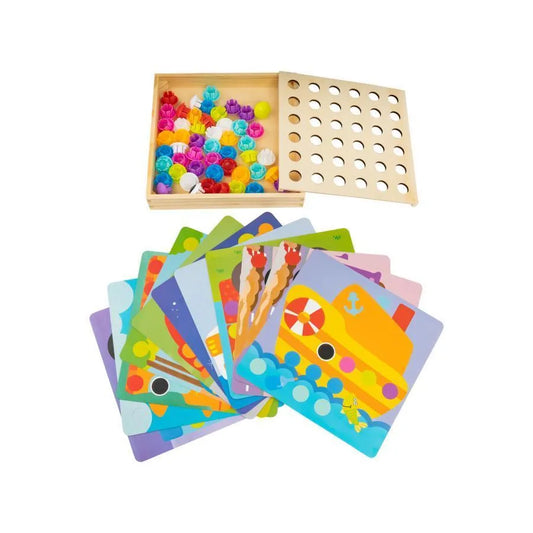 Puzzle típusú játék 11 kártyával és 50 többszínű, fa, műanyag és kartondarab