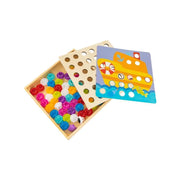 Puzzle típusú játék 11 kártyával és 50 többszínű, fa, műanyag és kartondarab