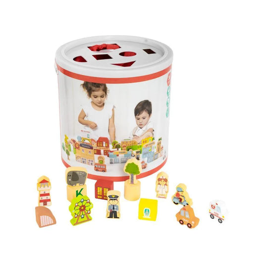 Puzzle típusú játék, hogy felépítse a napkelte városát, sokszínű, fa
