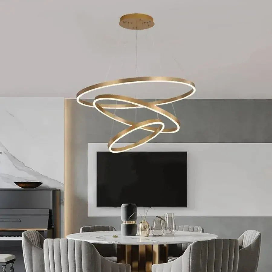 LED -csillár az Azariah 130W távirányítóval, 3 kör, hideg/forró/semleges fény, instabil, fényes arany, állítható magasság