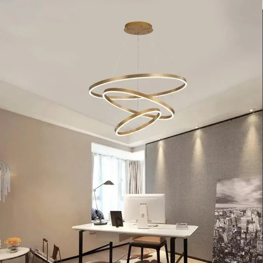 LED -csillár az Azariah 130W távirányítóval, 3 kör, hideg/forró/semleges fény, instabil, fényes arany, állítható magasság
