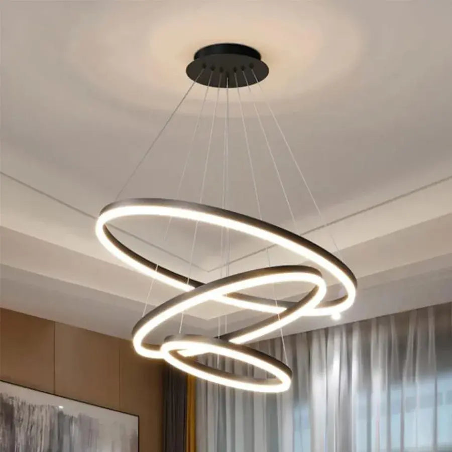 LED -csillár 84W -os CASIAN távirányítóval, 3 kör, hideg/forró/semleges fény, instabil, fekete, állítható magassággal felfüggesztette