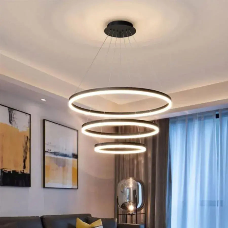 LED -csillár 84W -os CASIAN távirányítóval, 3 kör, hideg/forró/semleges fény, instabil, fekete, állítható magassággal felfüggesztette