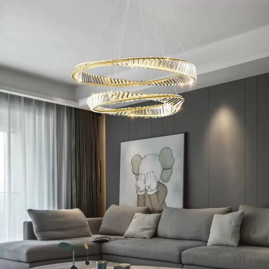 LED -csillár, távirányítóval és Crystal Cairo 98W -vel felfüggesztve, 2 kör, hideg/forró/semleges fény, instabil, fényes arany, állítható magasság