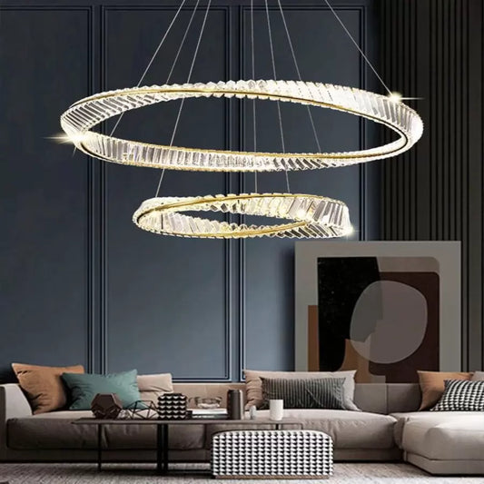 LED -csillár, távirányítóval és Crystal Cairo 98W -vel felfüggesztve, 2 kör, hideg/forró/semleges fény, instabil, fényes arany, állítható magasság