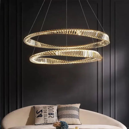 LED -csillár, távirányítóval és Crystal Cairo 98W -vel felfüggesztve, 2 kör, hideg/forró/semleges fény, instabil, fényes arany, állítható magasság