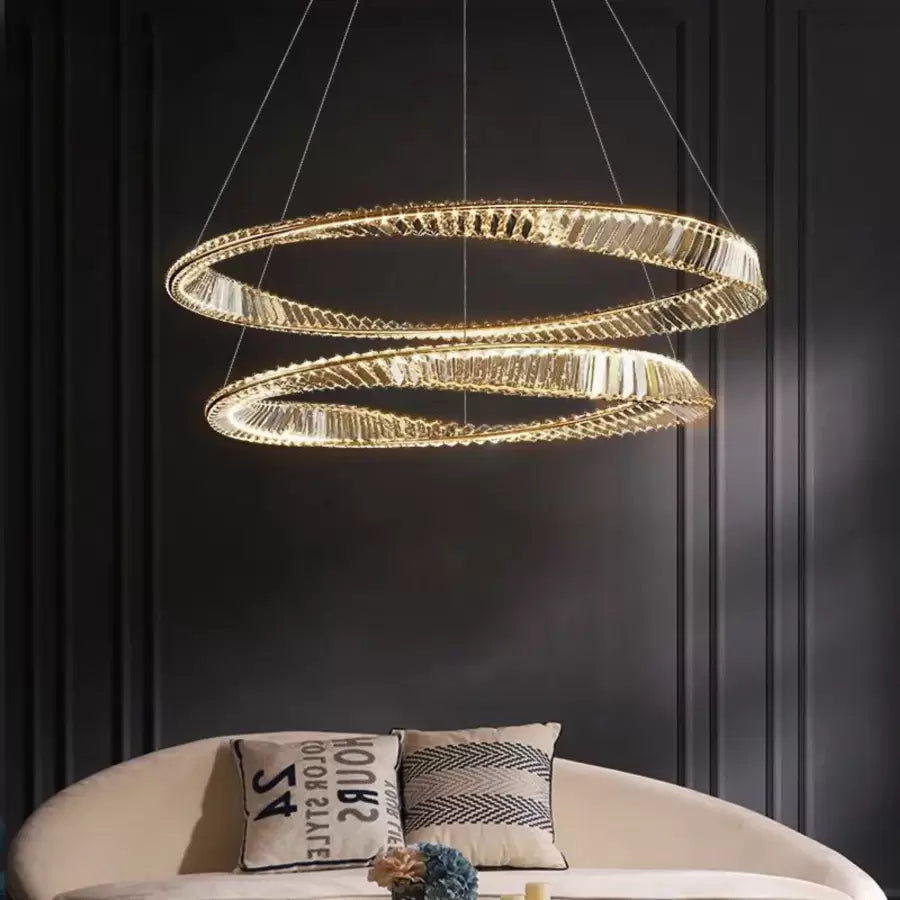 LED -csillár, távirányítóval és Crystal Cairo 98W -vel felfüggesztve, 2 kör, hideg/forró/semleges fény, instabil, fényes arany, állítható magasság