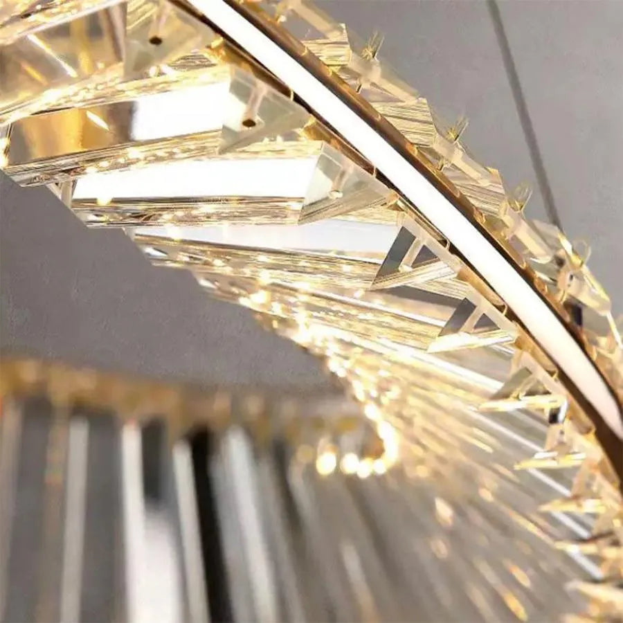 LED -csillár, távirányítóval és Crystal Cairo 98W -vel felfüggesztve, 2 kör, hideg/forró/semleges fény, instabil, fényes arany, állítható magasság