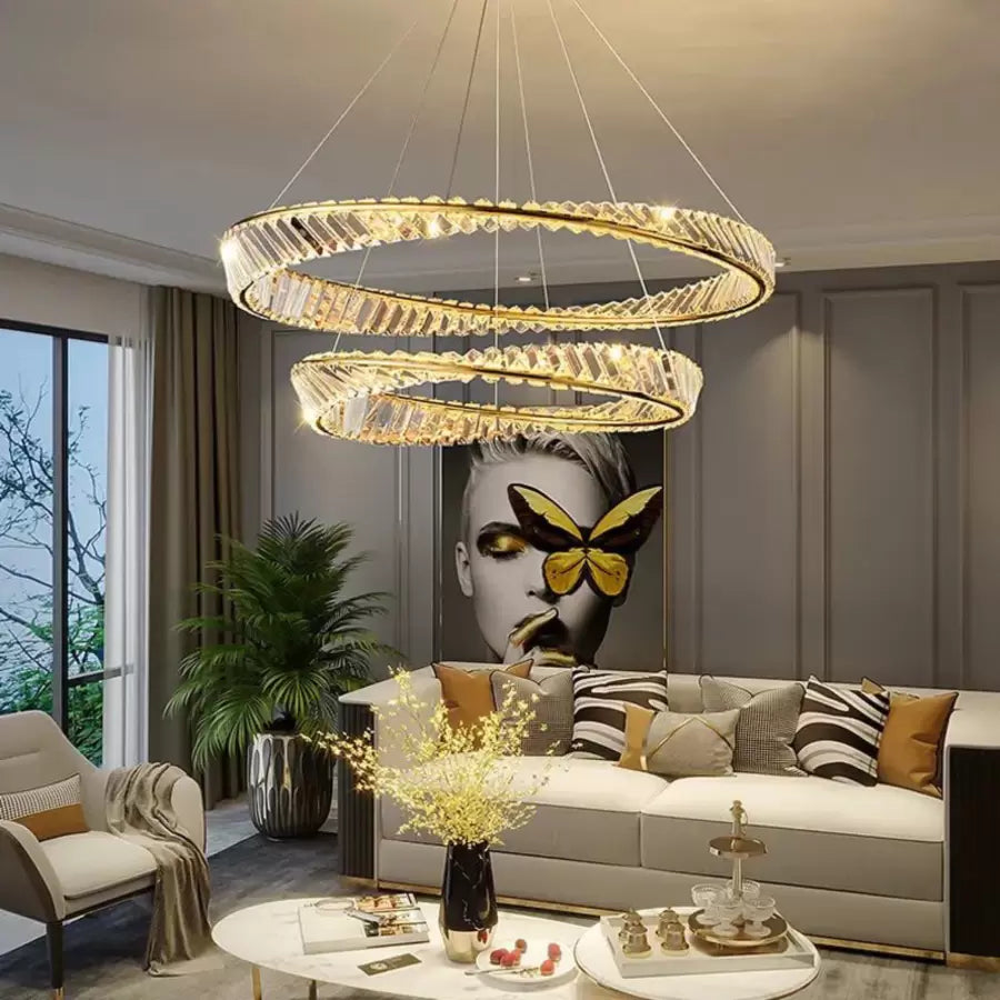 LED -csillár, távirányítóval és Crystal Cairo 98W -vel felfüggesztve, 2 kör, hideg/forró/semleges fény, instabil, fényes arany, állítható magasság