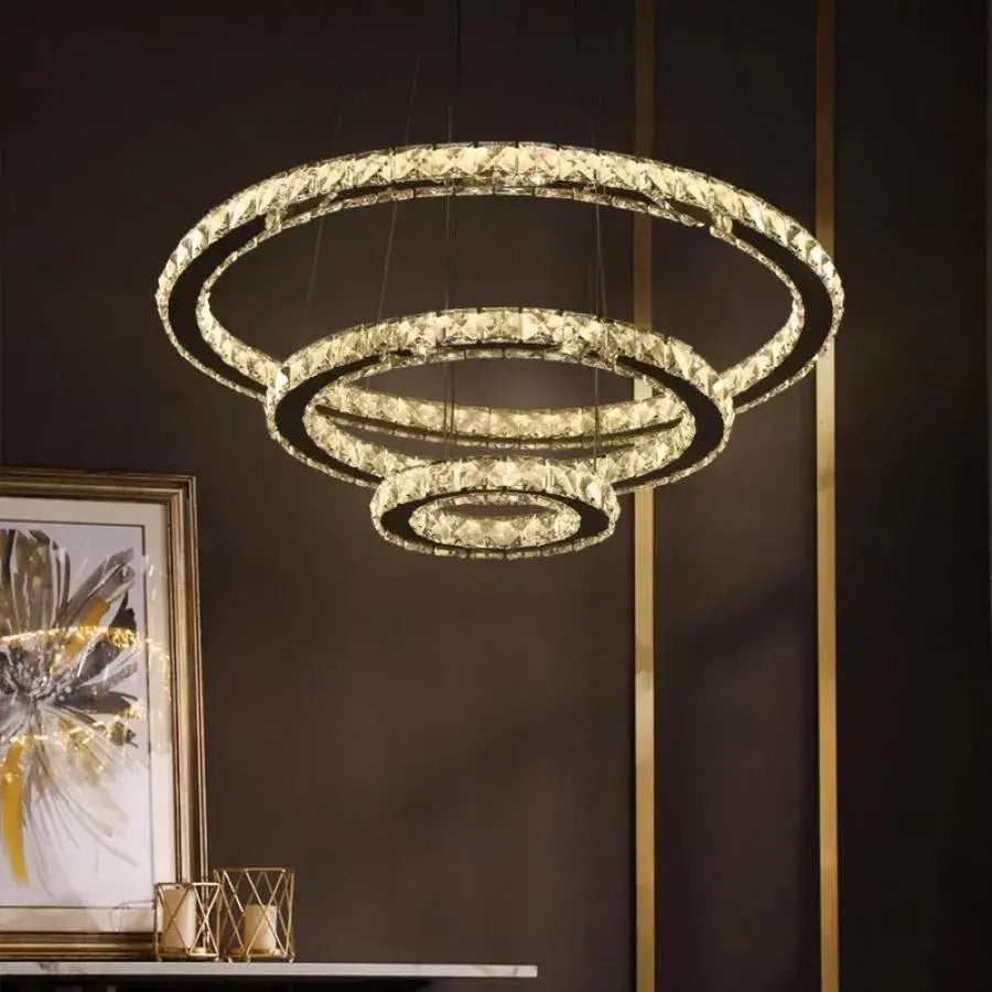 LED -csillár, amelyet távirányítóval és kristályprizma Luminis 78W -vel felfüggesztettek, 3 kör, hideg/forró/semleges fény, százszorszép, ezüst, állítható magasság