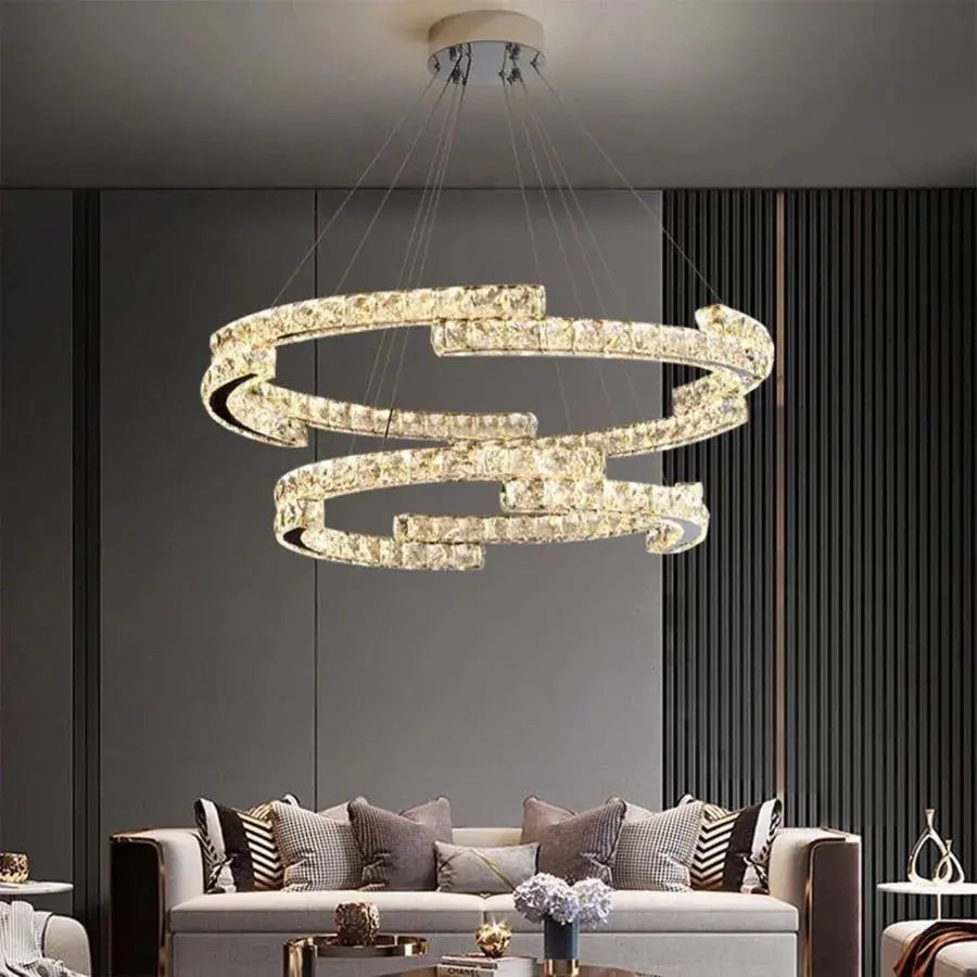 LED -csillár, távirányítóval és Crystal Mia Latifah 70W -vel felfüggesztve, 2 kör, hideg/forró/semleges fény, instabil, fényes króm, állítható magasság