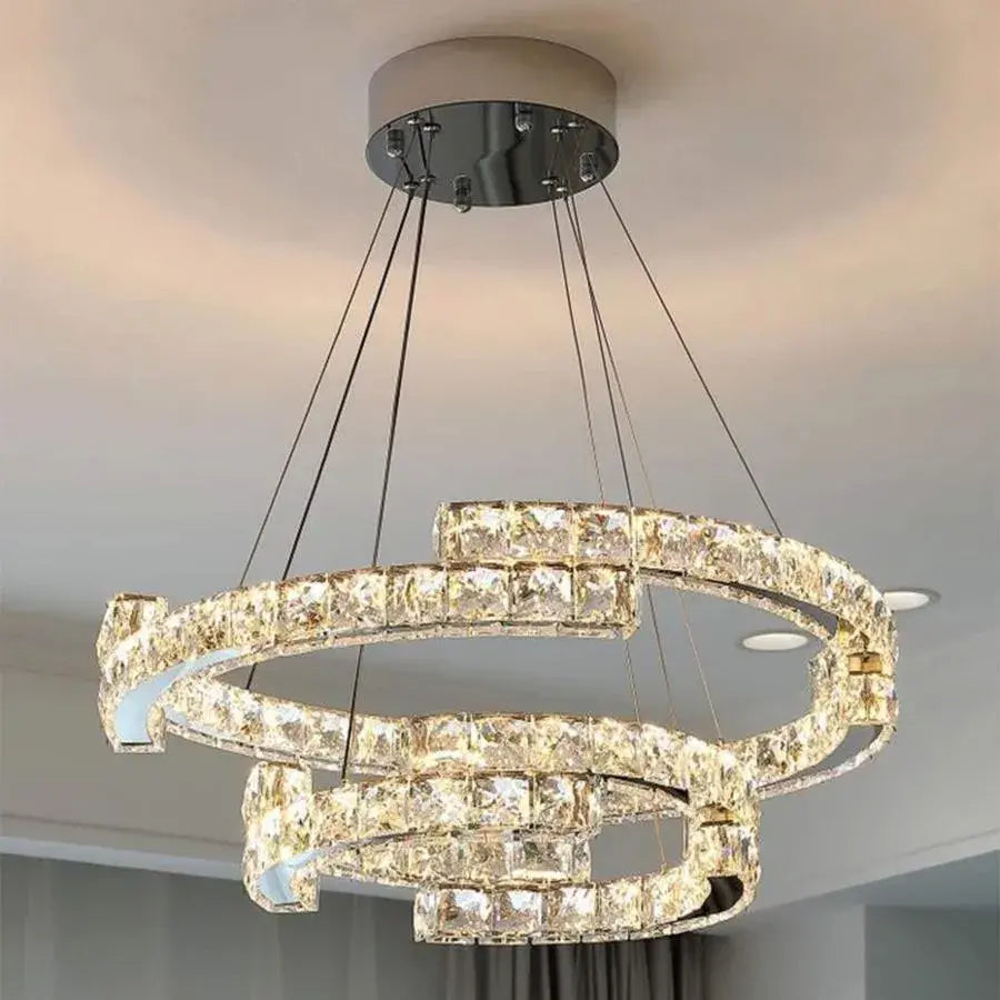 LED -csillár, távirányítóval és Crystal Mia Latifah 70W -vel felfüggesztve, 2 kör, hideg/forró/semleges fény, instabil, fényes króm, állítható magasság