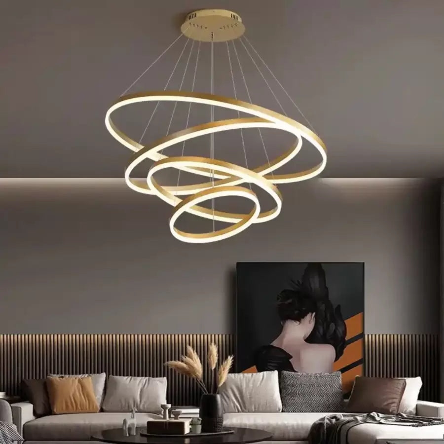LED -csillár, amelyet távirányítóval felfüggesztettek azariah 112W, 4 kör, hideg/forró/semleges fény, kiszivárogtatható, fényes arany, állítható magasság
