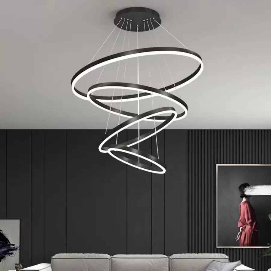 LED -vágy az Azariah 112W távirányítóval, 4 kör, hideg/forró/semleges fény, instabil, fekete, állítható magassággal felfüggesztett