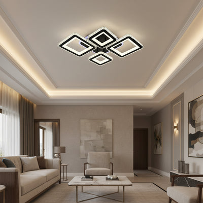 LED csillár távirányítóval és kristály QUADRIS RGB 96W, 4 négyzet, hideg/meleg/semleges fény, szabályozható, fekete