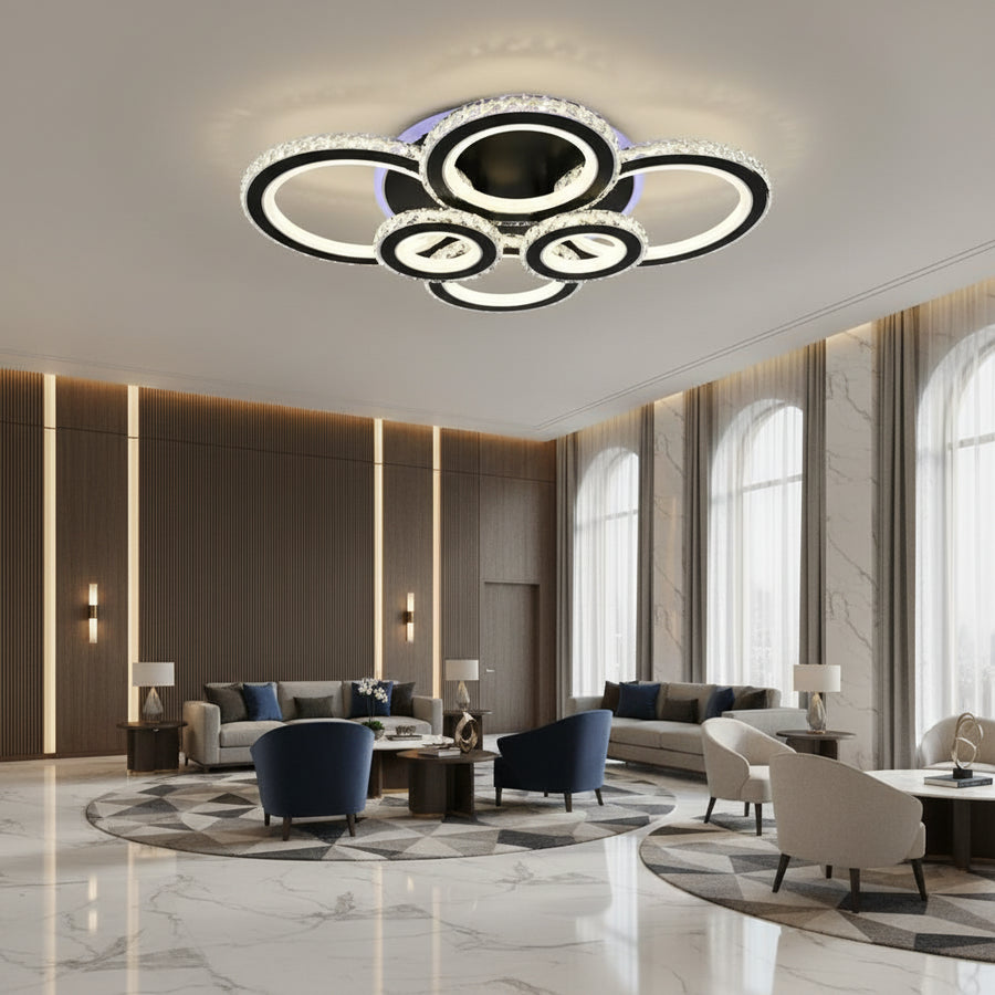 Lustra LED cu telecomanda si cristal NOVA ROTONDA RGB 145W, 6 Cercuri, lumina Rece/Calda/Neutra, Dimabila, Negru Lustre LED cu Telecomanda Default Title Alessandro Design
