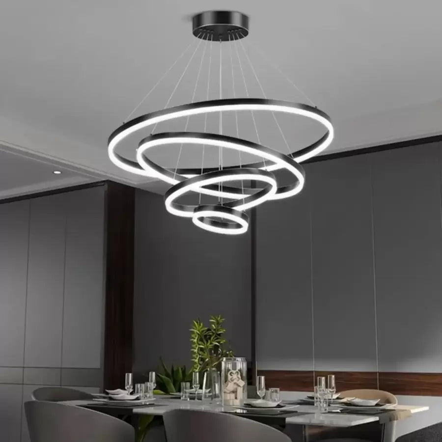 LED -vágy az Azariah 112W távirányítóval, 4 kör, hideg/forró/semleges fény, instabil, fekete, állítható magassággal felfüggesztett