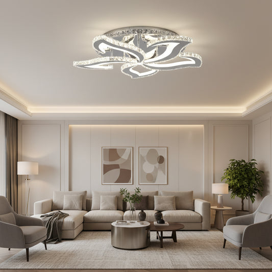 LED csillár távirányítóval és kristály Alejandro RGB 88W, 5 virág, hideg/meleg/semleges fény, szabályozható, fényes króm
