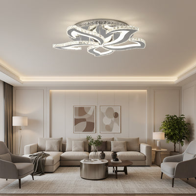 LED csillár távirányítóval és kristály Alejandro RGB 88W, 5 virág, hideg/meleg/semleges fény, szabályozható, fényes króm