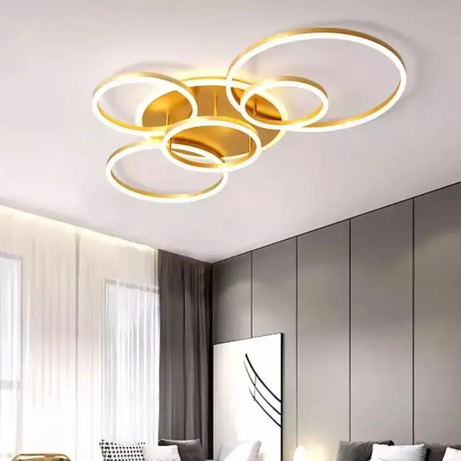 LED -csillár Lyra 248W távirányítóval, 5 kör, hideg/forró/semleges fény, gerenda, csiszolt arany